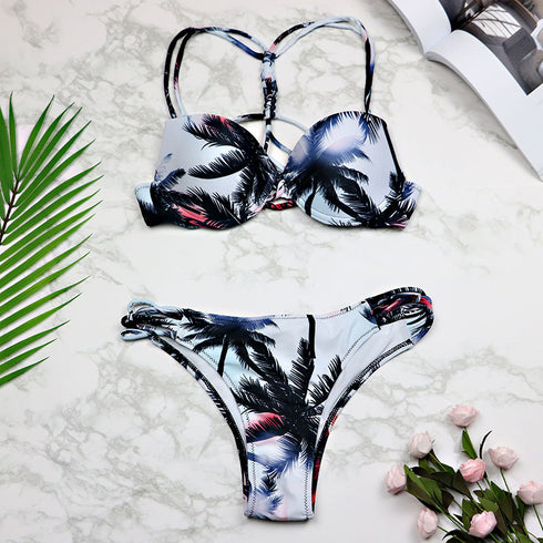 Women 2021 Sexy Swimwear Leaf Print Bikini Halter Swimsuit Bathing Suit Women Cute Bikini Set Monokini Underwire - ROUTINE FASHION