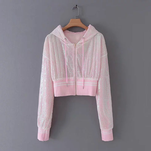 Black And Silver Women's Coat Sequins Zipper Sweet Long-sleeved Short Coat Women - ROUTINE FASHION