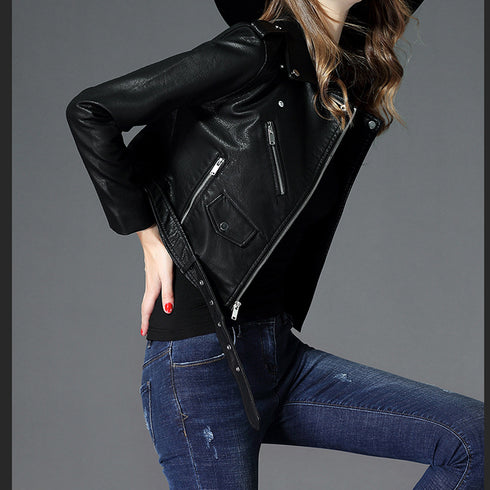 Women's Short Slim PU Leather Jacket - ROUTINE FASHION