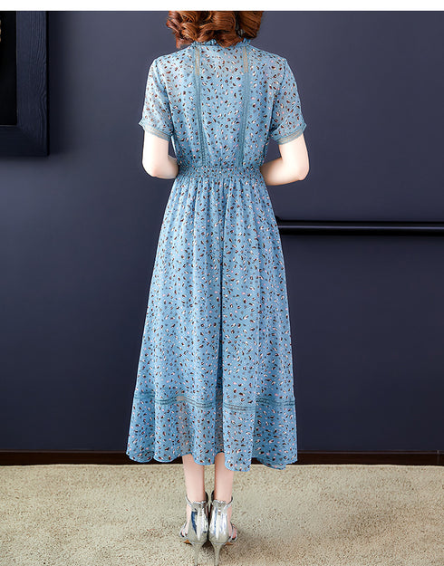 Chiffon Dress Summer Fairy Chic Gentle Short-sleeved Mid-length Floral Skirt - ROUTINE FASHION