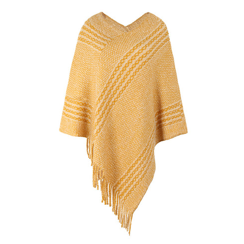 Striped Cape Shawl Fringed Sweater - ROUTINE FASHION