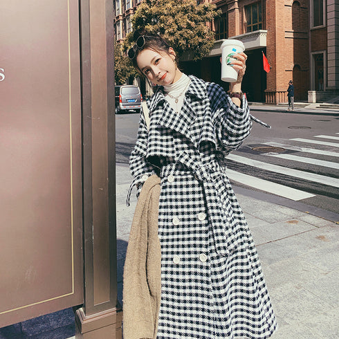 Women's Winter Classic Black And White Lattice Long Thick Woolen Coat - ROUTINE FASHION