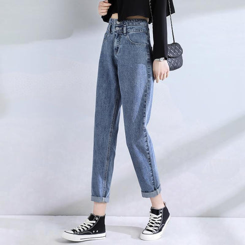 Double Buckle High Waist Loose Slim Jeans Women Covering Meat - ROUTINE FASHION