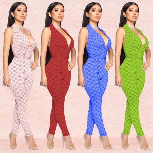 Printed sexy halter jumpsuit women - ROUTINE FASHION