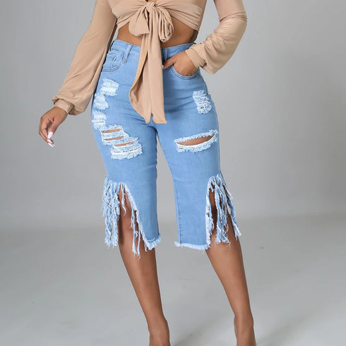 New Style Ripped Elastic Fringed Jeans Women High Waist Knee-length Casual Slim Fit - ROUTINE FASHION