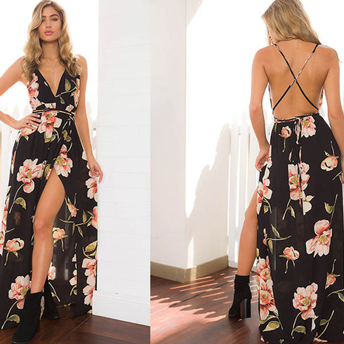 Sleeveless printed low-cut halter strap maxi skirt - ROUTINE FASHION