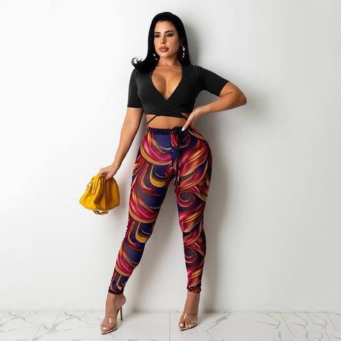Sexy Mesh Printed Trousers Women Two-Piece Suit - ROUTINE FASHION