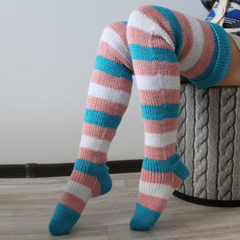 Women's Striped Over-the-knee Knitted Pile Socks - ROUTINE FASHION