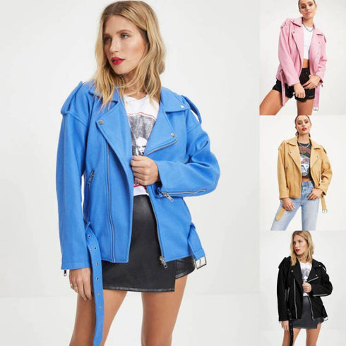 New Fashion Lapel Zipper Long Sleeve Woolen Short Coat Women - ROUTINE FASHION