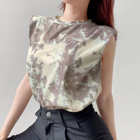 Tie-dyed shoulder pads casual T-shirt vest women - ROUTINE FASHION