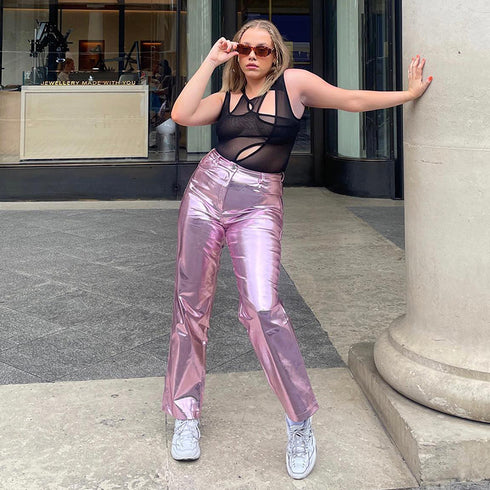 PU Leather Pocket Zipper Loose Casual Trousers For Women - ROUTINE FASHION