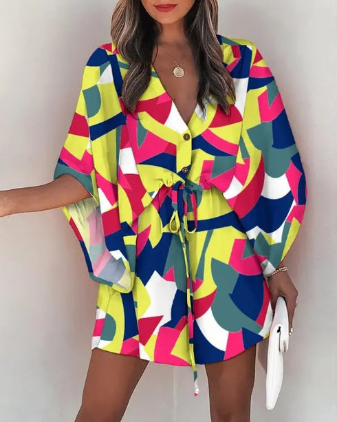 Women's V-Neck Tie Printed Beach Dress - ROUTINE FASHION