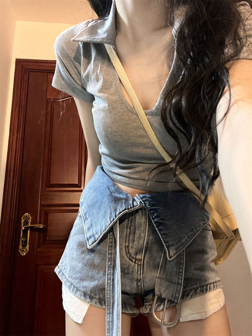 Grey Polo Collar Short Sleeve T-shirt Women Slimming Top - ROUTINE FASHION