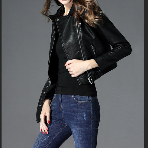 Women's Short Slim PU Leather Jacket - ROUTINE FASHION