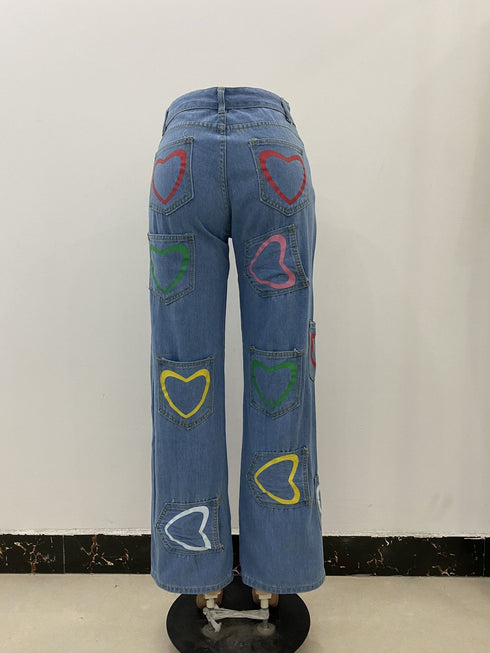 Multi-pocket Colorful Heart Print Jeans Women's Flared Pants - ROUTINE FASHION