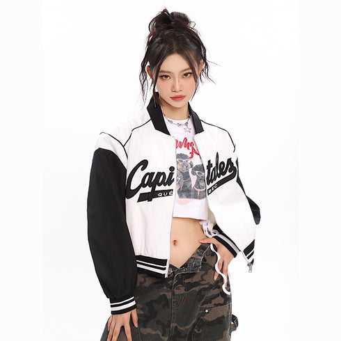 American Retro Contrast Letter Embroidery Loose Sports Bomber - ROUTINE FASHION