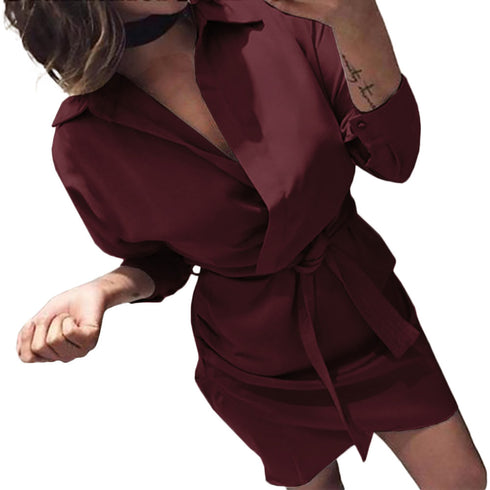 Women's Belt Irregular Solid Color Shirt Dress - ROUTINE FASHION
