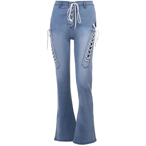Cutout Statement Strapping Straight Leg Flared Jeans - ROUTINE FASHION