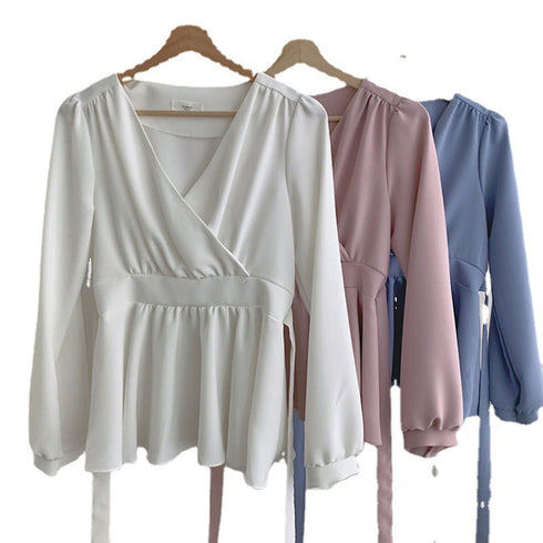 Solid Color Waist Long-sleeved Small Shirt Blouse - ROUTINE FASHION