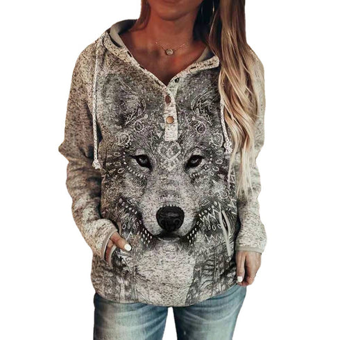 Women's Animal Wolf Print Casual Hoodie - ROUTINE FASHION