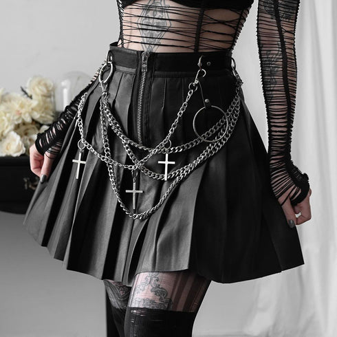 Dark Punk Chain Pleated Pu Leather Skirt - ROUTINE FASHION