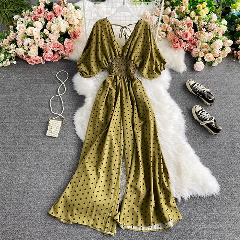 Slimming Polka Dot Printed Jumpsuit Fashionable Temperament Wide Leg Trousers - ROUTINE FASHION