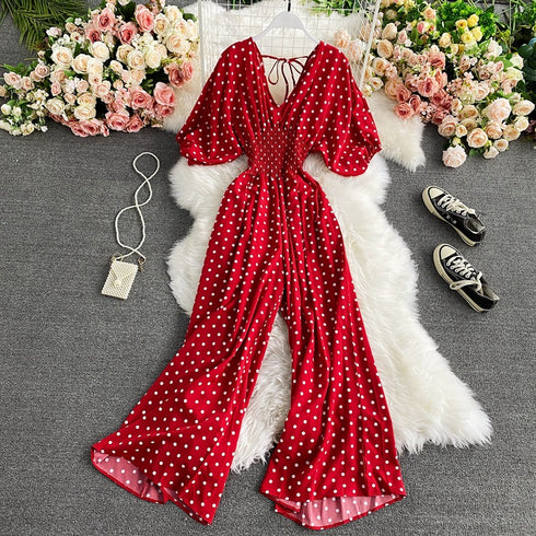 Slimming Polka Dot Printed Jumpsuit Fashionable Temperament Wide Leg Trousers - ROUTINE FASHION
