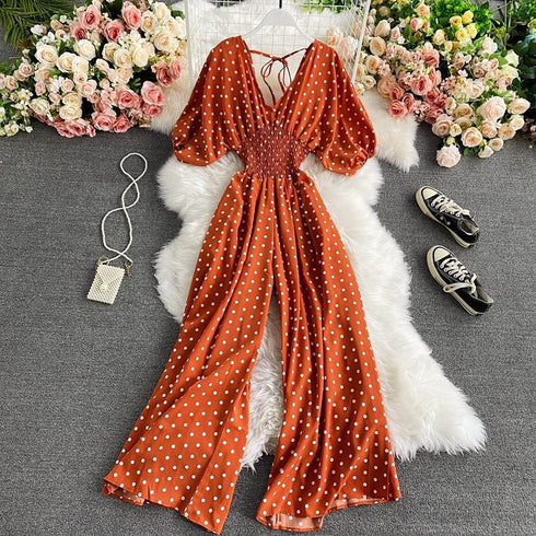 Slimming Polka Dot Printed Jumpsuit Fashionable Temperament Wide Leg Trousers - ROUTINE FASHION