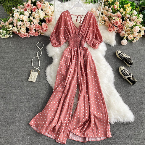 Slimming Polka Dot Printed Jumpsuit Fashionable Temperament Wide Leg Trousers - ROUTINE FASHION