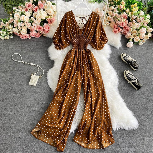 Slimming Polka Dot Printed Jumpsuit Fashionable Temperament Wide Leg Trousers - ROUTINE FASHION