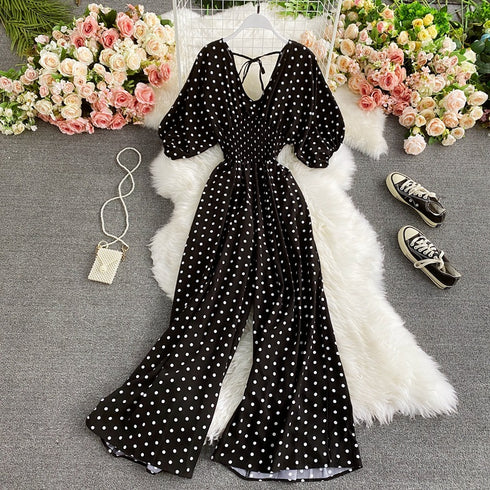 Slimming Polka Dot Printed Jumpsuit Fashionable Temperament Wide Leg Trousers - ROUTINE FASHION
