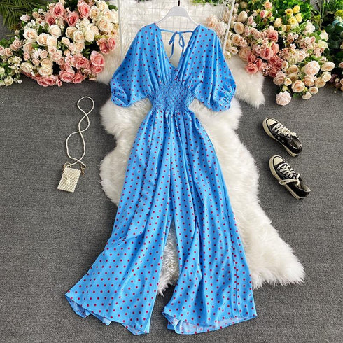 Slimming Polka Dot Printed Jumpsuit Fashionable Temperament Wide Leg Trousers - ROUTINE FASHION