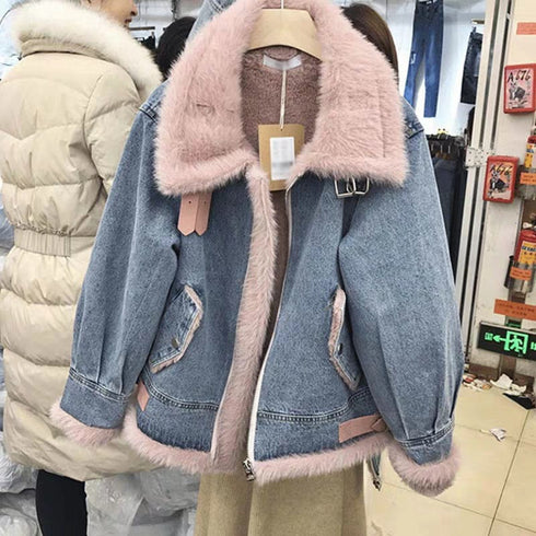 Fashion Plus Velvet Denim Jacket Women Short - ROUTINE FASHION