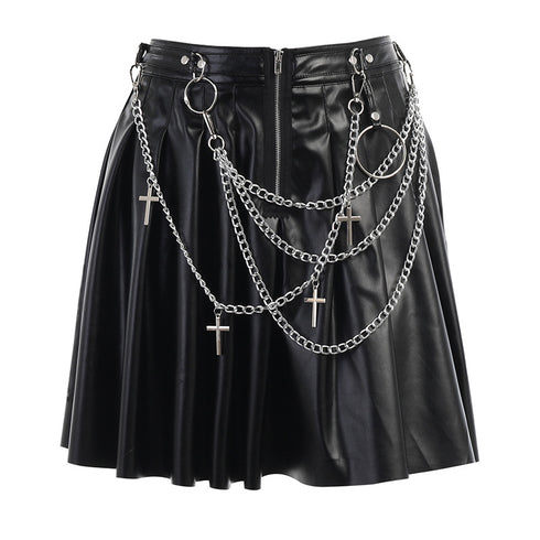 Dark Punk Chain Pleated Pu Leather Skirt - ROUTINE FASHION