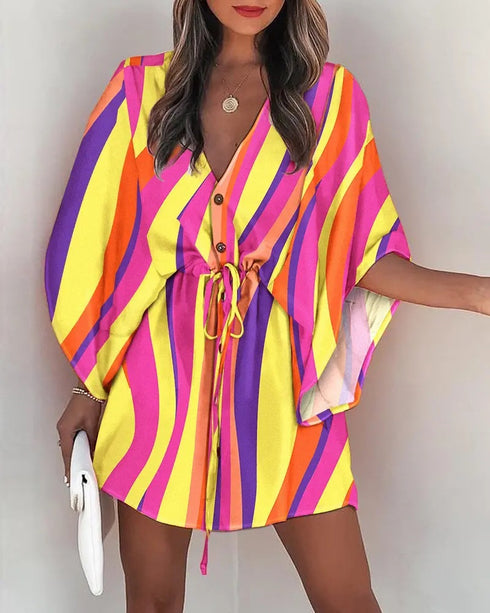 Women's V-Neck Tie Printed Beach Dress - ROUTINE FASHION