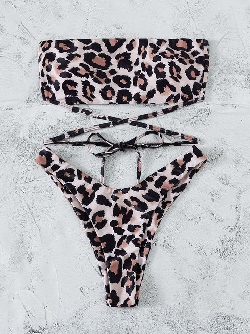 Leopard Print Bikini Bandeau Split Swimsuit - ROUTINE FASHION