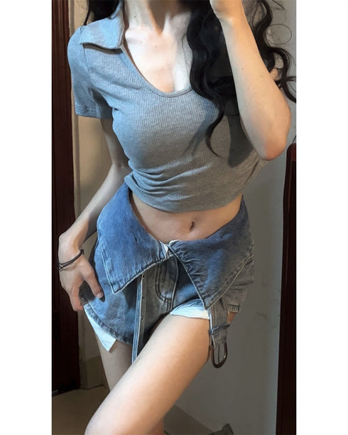 Grey Polo Collar Short Sleeve T-shirt Women Slimming Top - ROUTINE FASHION