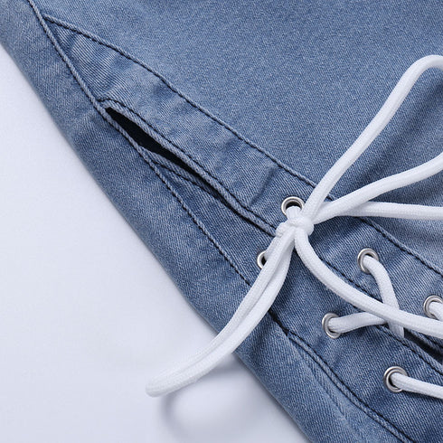 Cutout Statement Strapping Straight Leg Flared Jeans - ROUTINE FASHION