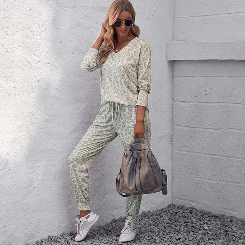 V-neck Long Sleeve Top Trousers Suit Printed Loose Pajamas For Women - ROUTINE FASHION