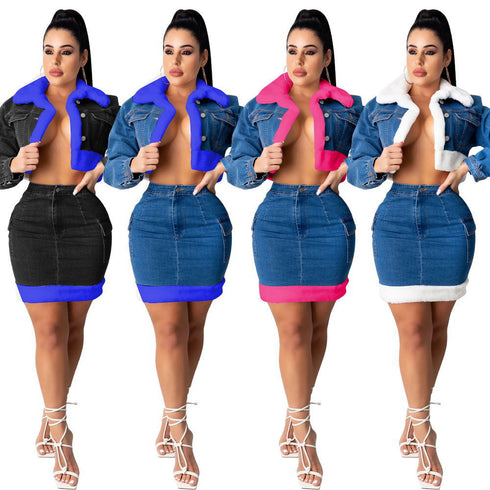 Denim Skirt Plush Denim Two-piece Suit - ROUTINE FASHION
