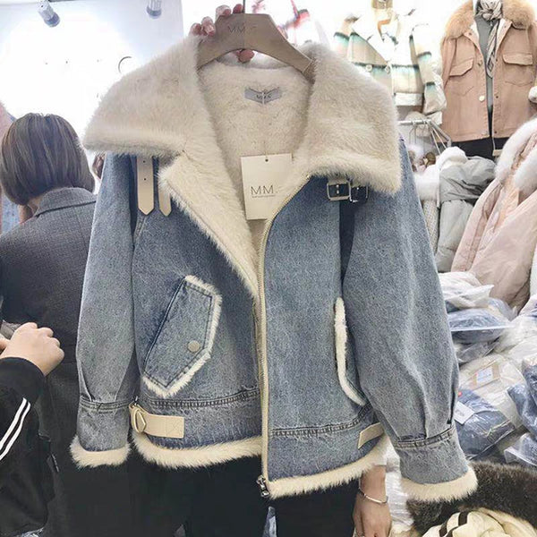 Fashion Plus Velvet Denim Jacket Women Short - ROUTINE FASHION
