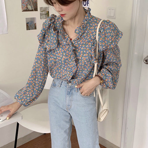 French Retro Floral Blouse Women Wood Ear Shirt Women - ROUTINE FASHION