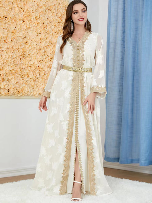 New National Style Embroidered V-neck Elegant Temperament Dress - ROUTINE FASHION