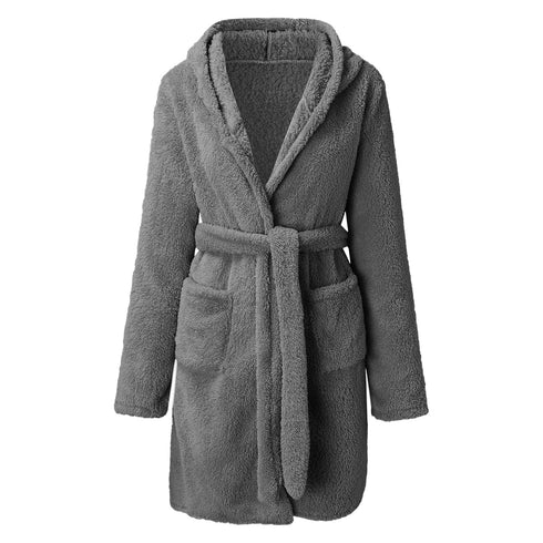 Solid Colour Hooded Home Warm Bathrobe For Women - ROUTINE FASHION