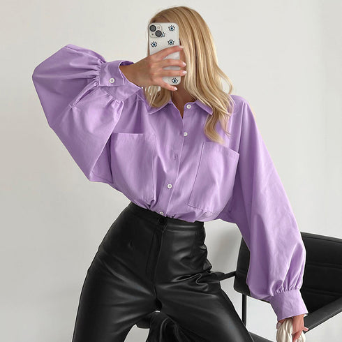Casual Polo Collar Shirt Women's Pocket Batwing Sleeve Top - ROUTINE FASHION