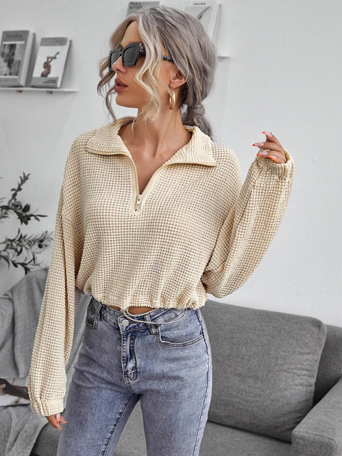 Zipper Drawstring Lapel Knit Pullover Polo Shirt - ROUTINE FASHION