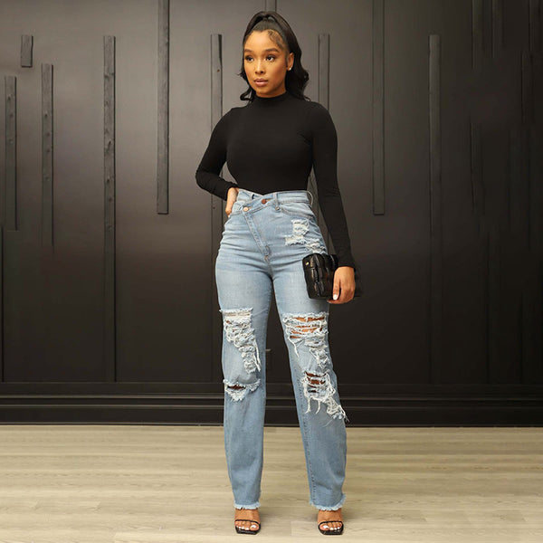 Women's Washed High Waist Straight Ripped Jeans - ROUTINE FASHION