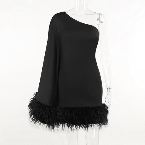 One Shoulder Fur Hem Cape Dress - ROUTINE FASHION