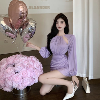 Purple Satin Dress Bag Hip Skirt Irregular Hollowed Out Hanging Neck - ROUTINE FASHION