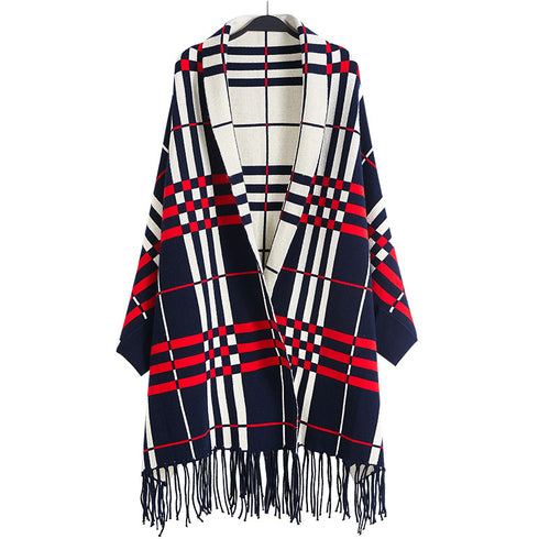 Plaid Mid-length Cardigan Women's Knitted Tassel Shawl Coat Women - ROUTINE FASHION